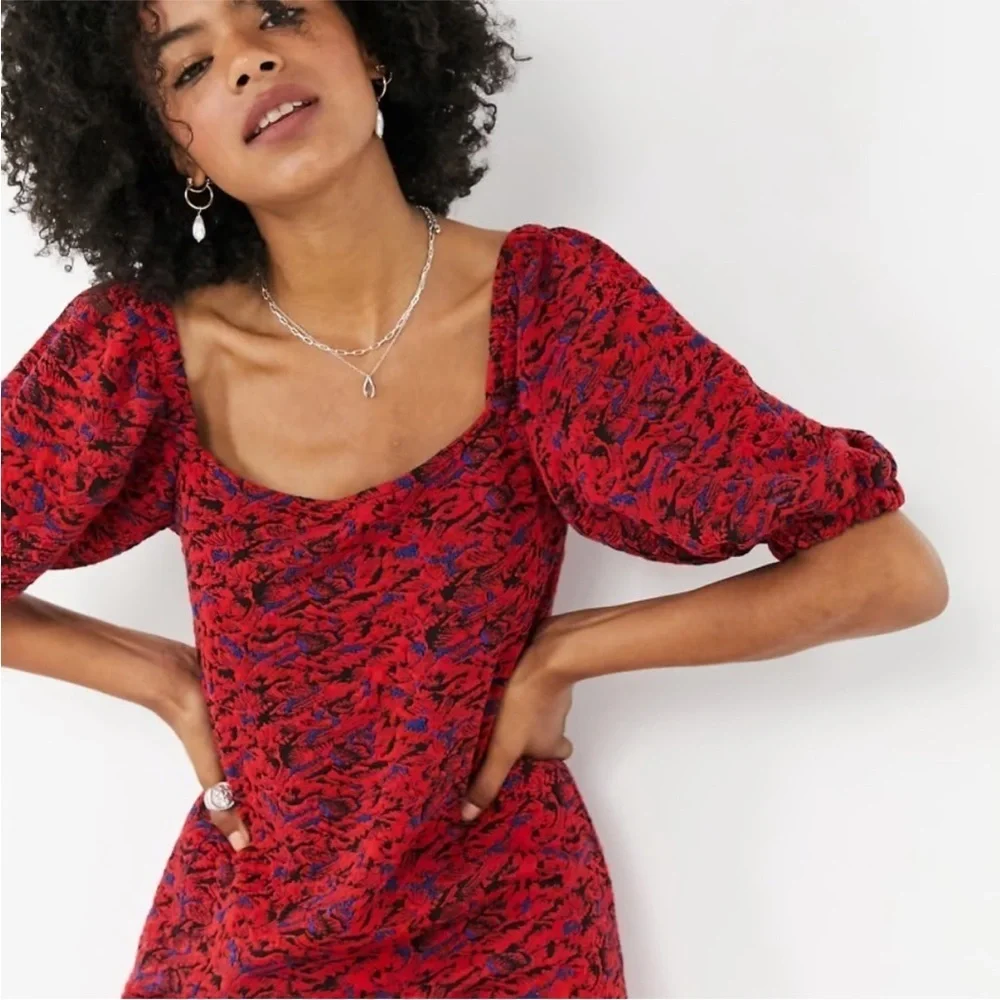 Free People Red Printed Puff Sleeve Sunset Mini Dress | Size XS